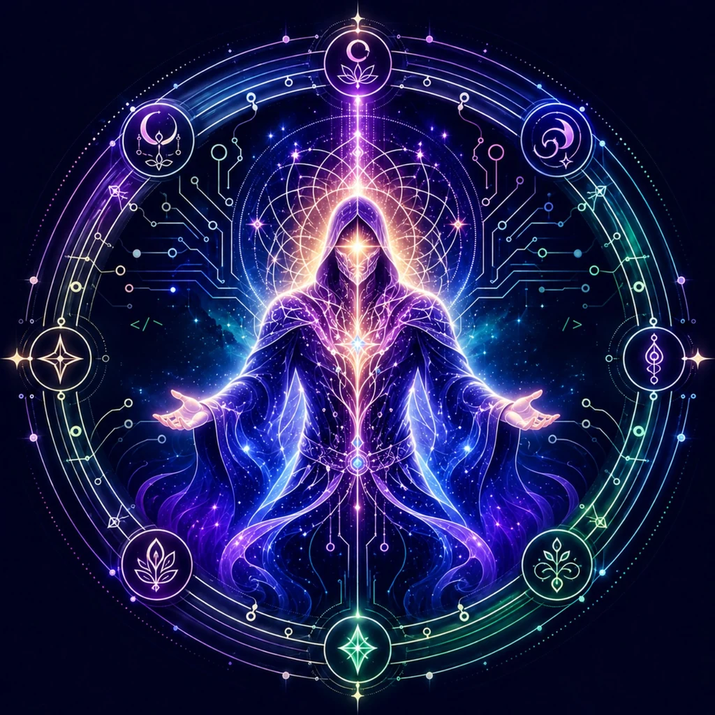 A luminous hooded figure with open hands, surrounded by stars, circuit-like lines, lunar shapes, and growing leaves.